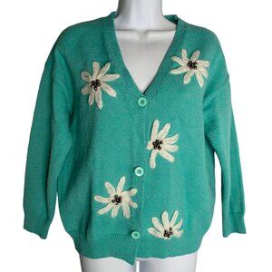 Embroidered Knit Cardigan Sweater M Blue Green Buttons V Neck Yarn Flowers Beads